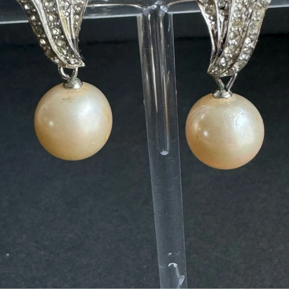 Vintage‎ Vendome Pearl Drop Clip-On Earrings Silver Rhinestone Bridal Bride